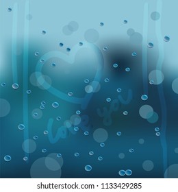 Square vector illustration, poster, banner, template of rainy window with falling droplets, finger painted heart and text love you. 