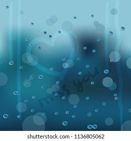 Square vector illustration, poster, banner, template of rainy window with falling droplets, finger painted heart and text miss you.