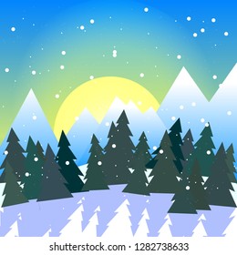 Square vector illustration of snowy forest valley with mountains
