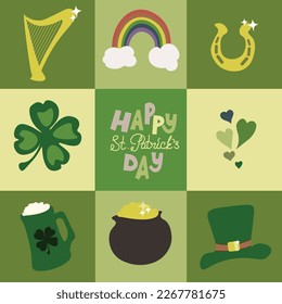 Square vector illustration St Patrick Day card  vith various holiday attributes