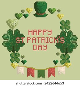 Square vector illustration St Patrick Day greeting card. Wreath of four leaf clovers and flags. Pixel art