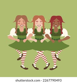 Square vector illustration of three dancing leprechaun girls on green background. Saint Patrick day design