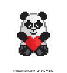 Ilustración vectorial cuadrada de un oso panda de juguete sosteniendo un corazón rojo. Tarjeta de San Valentín, pegatina, icono. Estilo de arte de la Pixel