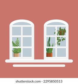 Square vector illustration of a wall with two windows with plants behind them