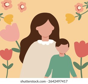 square vector illustrations celebrating Happy Mother's Day. Features loving mothers with children, flowers and hearts. Ideal for greeting cards and social media posts.