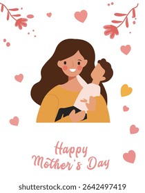 square vector illustrations celebrating Happy Mother's Day. Features loving mothers with children, flowers and hearts. Ideal for greeting cards and social media posts.