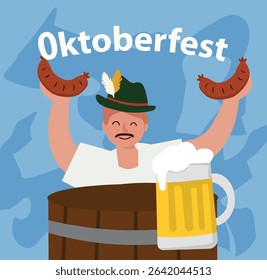 square vector illustrations celebrating Oktoberfest. Features beer, pretzels, sausages and traditional Bavarian attire. Ideal for festive social media posts and cards.