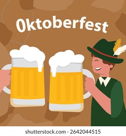 square vector illustrations celebrating Oktoberfest. Features beer, pretzels, sausages and traditional Bavarian attire. Ideal for festive social media posts and cards.