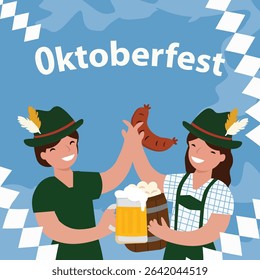 square vector illustrations celebrating Oktoberfest. Features beer, pretzels, sausages and traditional Bavarian attire. Ideal for festive social media posts and cards.