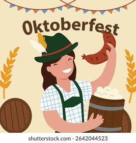 square vector illustrations celebrating Oktoberfest. Features beer, pretzels, sausages and traditional Bavarian attire. Ideal for festive social media posts and cards.
