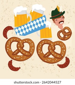 square vector illustrations celebrating Oktoberfest. Features beer, pretzels, sausages and traditional Bavarian attire. Ideal for festive social media posts and cards.