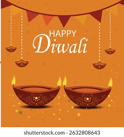 square vector illustrations for Happy Diwali. Features illuminated diya lamps, lanterns and festive patterns. Ideal for social media posts, greetings and decorations.