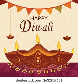 quadratische Vektorgrafiken für Happy Diwali. Verfügt über beleuchtete Dia-Lampen, Laternen und festliche Muster. Ideal für Social-Media-Beiträge, Grüße und Dekorationen.