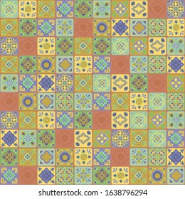 Square vector Indian ornaments contrasting terracotta yellow green turquoise ceramic tiles flowers vegetative mosaic oriental hand maid pattern.