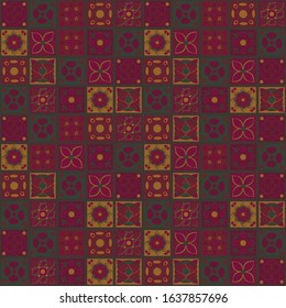 Square vector Indian ornaments scarfs contrasting purple yellow green flowers vegetable mosaic oriental folk hand-made ornaments seamless pattern.