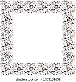 
Square vector isolated frame for children in the Scandinavian style from the faces of lynx, lion, leopard, cat, tiger, stars, blots in the form of flowers and footprints of the feline. Place for text