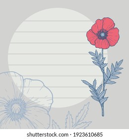 Square vector lining copy space with dark blue outline poppy flowers and lined circle for your text on the grey background