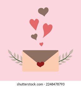 Square vector minimalistic illustration with a love letter and hearts. Pastel colors. Can be used as Valentine's day card, invitation, party, wedding, tag, print, social media template