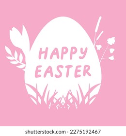 Square vector minimalistic illustration in pink and white with text "Happy Easter" and holiday attributes