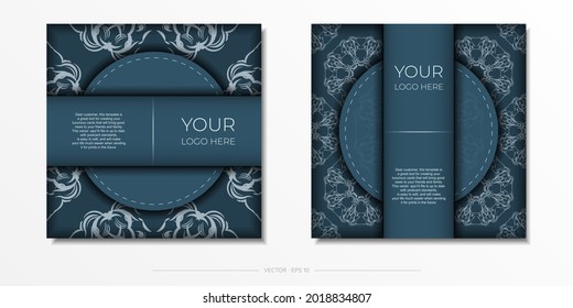Square vector postcards in blue color with luxury light ornaments. Invitation card design with vintage patterns.