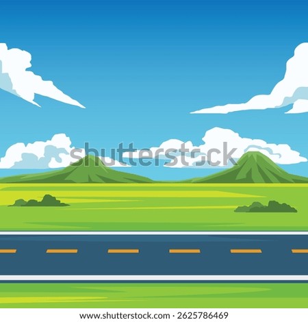 Square vector poster of asphalt road to travel. Horizontal view of  asphalt road ahead with yellow center line. Meadow and green grass with mountain under blue sky and white clouds for background.