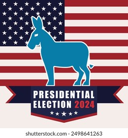 Square vector poster with blue donkey, symbolizing the Democratic nominee, stands against an American flag background, emphasizing the upcoming 2024 USA Presidential Election.