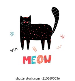 A square vector poster with a cute black cat in Scandinavian style and the inscription MEOW on a white background. Children's illustration with cute pets.