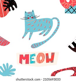 Square vector poster with a cute blue cat in Scandinavian style and the inscription MEOW on a white background. Children's illustration with cute pets.