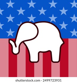 Afiche de Vector cuadrado con el símbolo del Partido Republicano, un elefante, sobre un fondo de la bandera estadounidense. Anuncio para las elecciones presidenciales de Estados Unidos de 2024, con el Partido Republicano