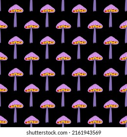 square vector seamless pattern - 1970 mushroom  in hippie style.1970 good vibes.Funky and groovy 70s quirky fungus.Funny 1960 psychedelic ornament with floral.Kidcore kawaii wallpaper and fabric