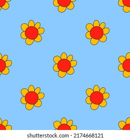 square vector seamless pattern - blue flower in hippie style.1970 good vibes.Funky and groovy 1970 daisy flower.Funky 1960 psychedelic ornament with floral.Kidcore wallpaper and fabric.Floral naive
