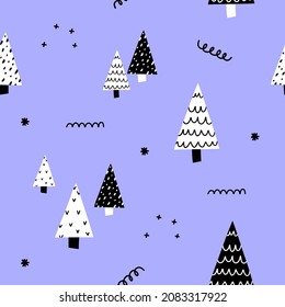 square vector seamless pattern for christmas. Black and white geometric Scandinavian style trees and doodles. Scandinavian hugge christmas. Simple neutral print for fabric, wrapping, stories