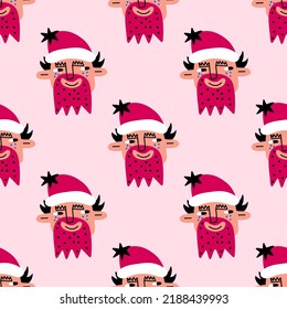 square vector seamless pattern- ethnic christmas santa claus.1970 good vibes.Funky and groovy 1960 psychedelic new year.Vibrant winter party.Crazy smiley santa character.Retro holiday ornament