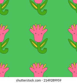 square vector seamless pattern - flower characters in hippie style. 1970 good vibes.Funky and groovy 1970 daisy flower.Funny psychedelic ornament with floral. Kidcore kawaii wallpaper and fabric.