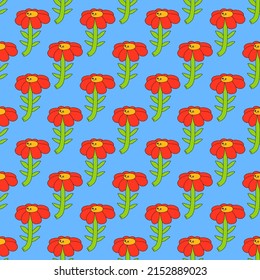 square vector seamless pattern - flower characters in hippie style. 1970 good vibes.Funky and groovy 1970 daisy flower.Funny 1960 psychedelic ornament with floral. Kidcore kawaii wallpaper and fabric.
