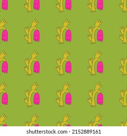 square vector seamless pattern - flower characters in hippie style. 1970 good vibes.Funky and groovy 1970 daisy flower.Funny 1960 psychedelic ornament with floral. Kidcore kawaii wallpaper and fabric.