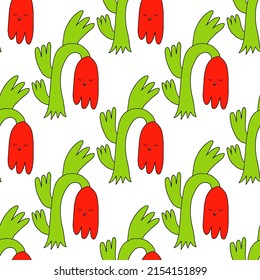 square vector seamless pattern - flower characters in hippie style. 1970 good vibes.Funky and groovy 1970 daisy flower.Funny 1960 psychedelic ornament with floral. Kidcore kawaii wallpaper and fabric.