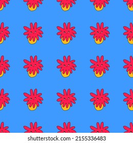 square vector seamless pattern - flower characters in hippie style. 1970 good vibes.Funky and groovy 1970 daisy flower.Funky 1960 psychedelic ornament with floral. Kidcore kawaii wallpaper and fabric.