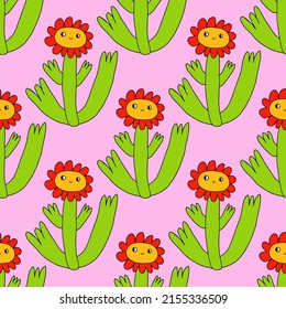 square vector seamless pattern - flower characters in hippie style. 1970 good vibes.Funky and groovy 1970 daisy flower.Funky 1960 psychedelic ornament with floral. Kidcore kawaii wallpaper and fabric.