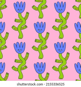 square vector seamless pattern - flower characters in hippie style. 1970 good vibes.Funky and groovy 1970 daisy flower.Funky 1960 psychedelic ornament with floral. Kidcore kawaii wallpaper and fabric.