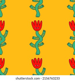 square vector seamless pattern - flower characters in hippie style. 1970 good vibes.Funky and groovy 1970 daisy flower.Funky 1960 psychedelic ornament with floral. Kidcore kawaii wallpaper and fabric.