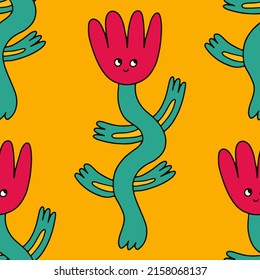square vector seamless pattern - flower characters in hippie style. 1970 good vibes.Funky and groovy 1970 daisy flower.Funky 1960 psychedelic ornament with floral. Kidcore kawaii wallpaper and fabric.
