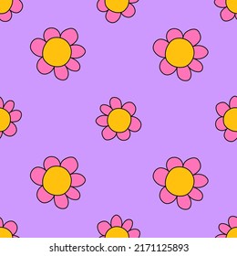 square vector seamless pattern - flower in hippie style.1970 good vibes.Funky and groovy 1970 daisy flower.Funky 1960 psychedelic ornament with floral.Kidcore kawaii wallpaper and fabric.Floral naive