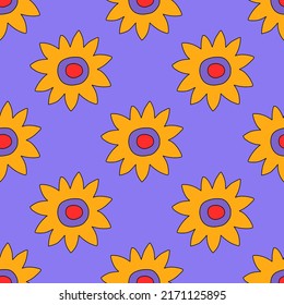 square vector seamless pattern - flower in hippie style.1970 good vibes.Funky and groovy 1970 daisy flower.Funky 1960 psychedelic ornament with floral.Kidcore kawaii wallpaper and fabric.Floral naive