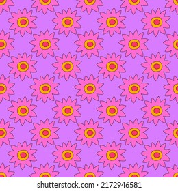 square vector seamless pattern - flower in hippie style.1970 good vibes.Funky and groovy 1970 daisy flower.Funky 1960 psychedelic ornament with floral.Kidcore kawaii wallpaper and fabric.Floral naive