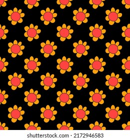 square vector seamless pattern - flower in hippie style.1970 good vibes.Funky and groovy 1970 daisy flower.Funky 1960 psychedelic ornament with floral.Kidcore kawaii wallpaper and fabric.Floral naive