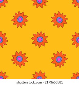 square vector seamless pattern - flower in hippie style.1970 good vibes.Funky and groovy 1970 daisy flower.Funky 1960 psychedelic ornament with floral.Kidcore kawaii wallpaper and fabric.Floral naive