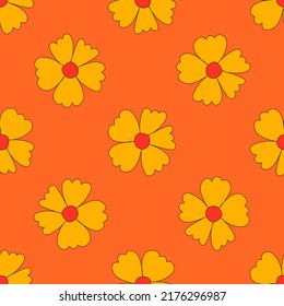 square vector seamless pattern - flower in hippie style.1970 good vibes.Funky and groovy 1970 daisy flower.Funky 1960 psychedelic ornament with floral.Kidcore kawaii wallpaper and fabric.Floral naive