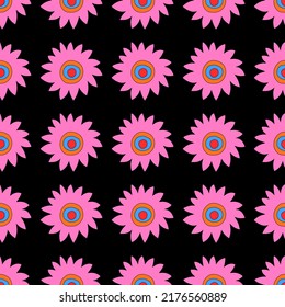 square vector seamless pattern - flower in hippie style.1970 good vibes.Funky and groovy 1970 daisy flower.Funky 1960 psychedelic ornament with floral.Kidcore kawaii wallpaper and fabric.Floral naive