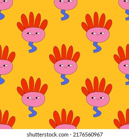 square vector seamless pattern - flower characters in hippie style. 1970 good vibes.Funky and groovy 1970 daisy flower.Funky 1960 psychedelic ornament with floral. Funny botanic background